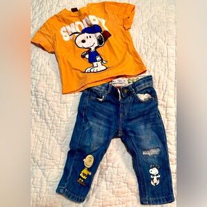 Zara 9-12 month snoopy distressed jeans and shirt.